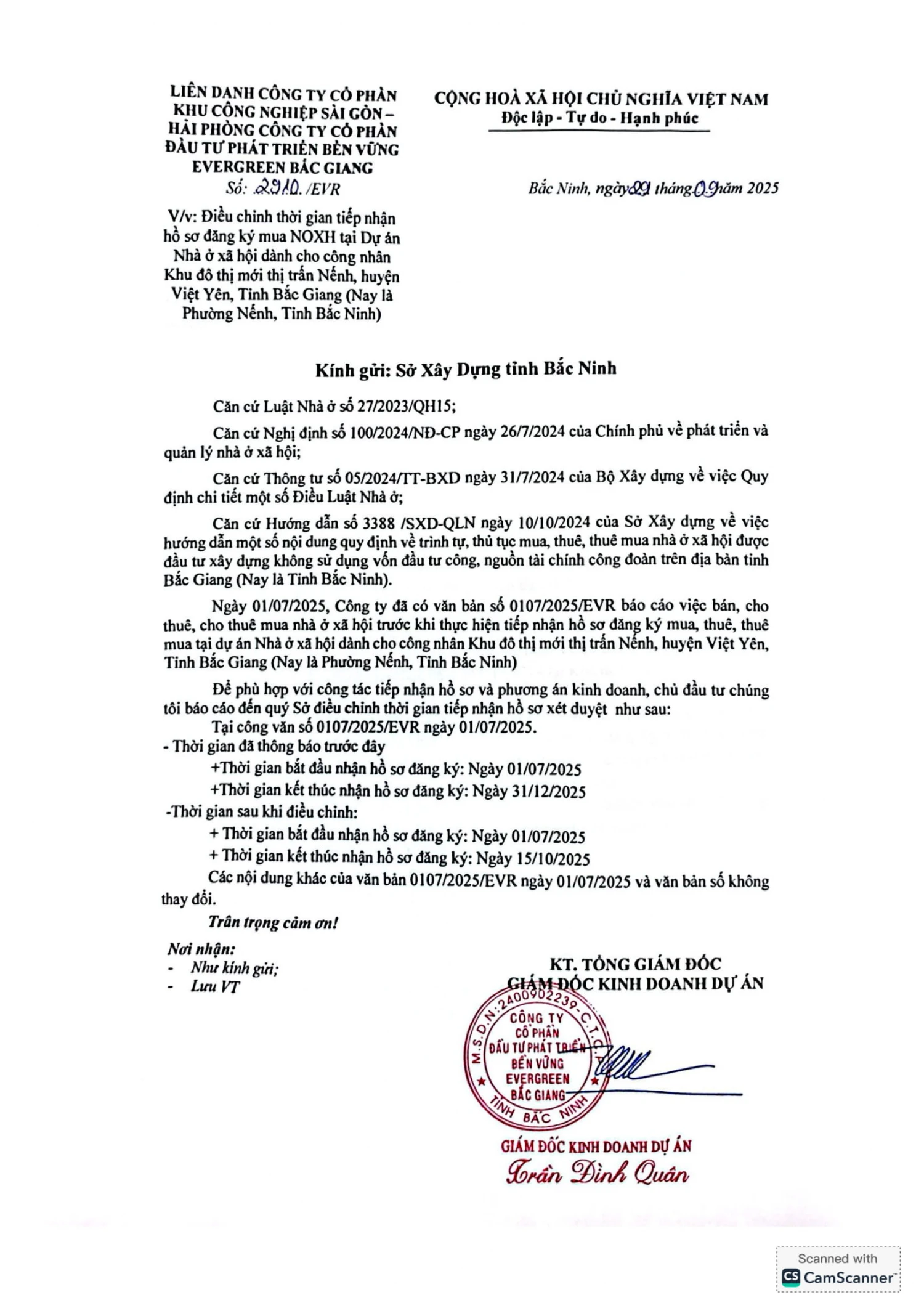 Công văn điều chỉnh thời gian tiếp nhận hồ sơ lô CT1, CT2