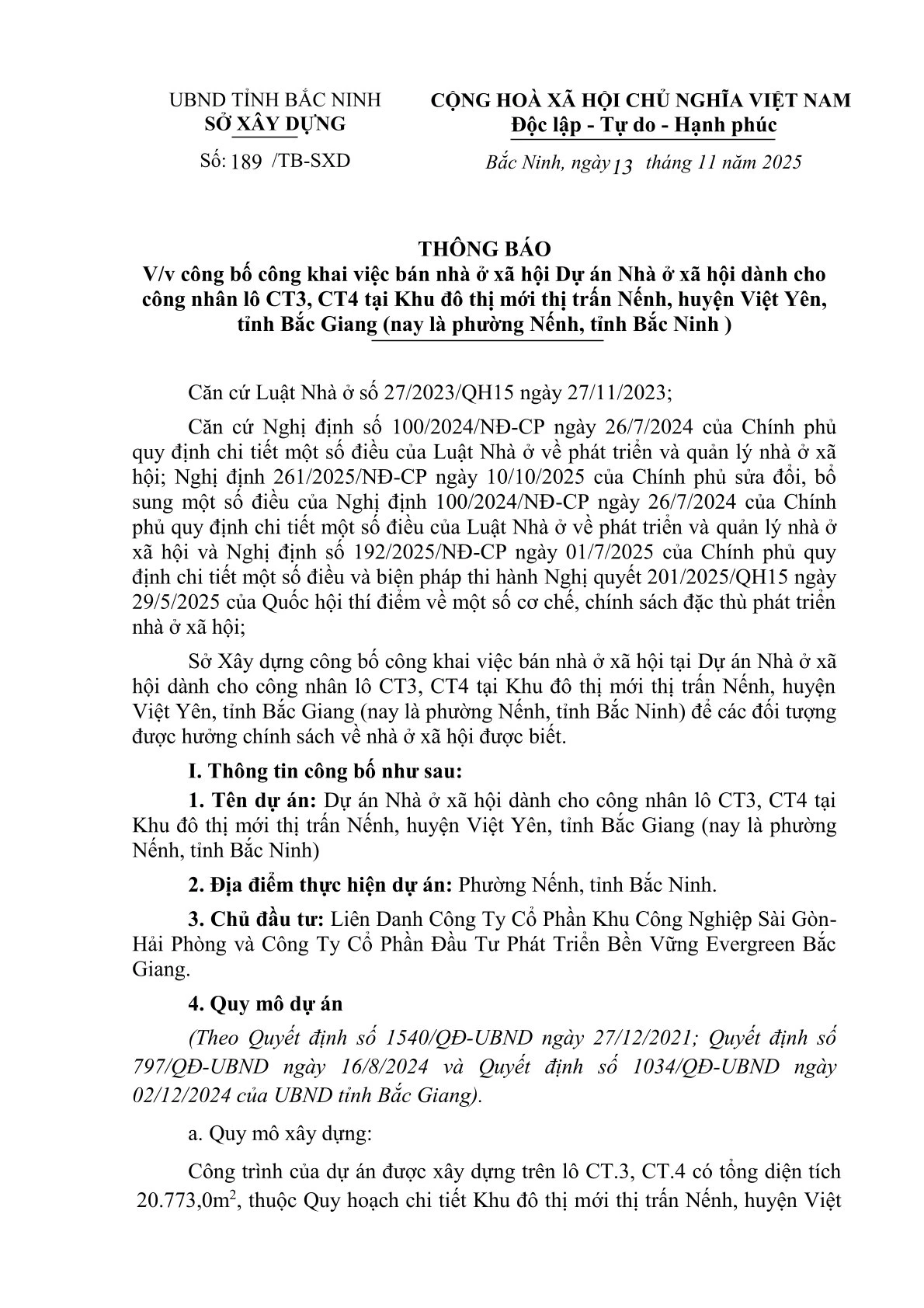 Thông báo việc bán, cho thuê, cho thuê mua nhà ở xã hội lô CT3, CT4